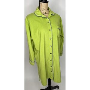 LL Bean Fleece Lime Green Button Up Night Shirt Size Small Purple Piping